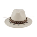 Detail view of ethnic embroidered band with silver coin pendants on a felt fedora - 58cm / Off White