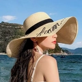 Wide-brimmed straw sun hat in light brown with black band and from embroidery - M (56-58cm) / Beige With Sequin