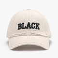 Distressed cream-white baseball cap with black embroidered BLACK text and frayed edges - Adjustable / Off White