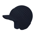 Detail of dark blue ribbed knit winter hat featuring a warm visor and ear flaps - With Brim Style-Unlined / Navy Blue