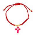 Handmade red braided rope bracelet with magenta cross pendant and 18k gold plating - Rose Red