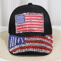Macro shot of colorful rhinestones forming the American flag on a black denim cap - No.33/Black Denim/Full Rhinestone US Flag