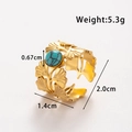 Adjustable gold flower leaf ring featuring a round turquoise stone inlay and open band - Hollow Ginkgo Leaf Turquoise Style (TR145-Blue)