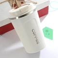 White stainless steel coffee tumbler with beige lid and COFFEE text on gift box - 380ml / Gen 2 Standard Style / White