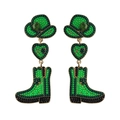 Detailed close-up of beaded cowboy boot earrings with green hat and heart charms - Style 6 Green XO