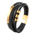 Men's multi-layer black braided leather bracelet with gold metal rings and magnetic clasp - Gold Metal