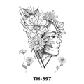 Waterproof temporary tattoo sticker TH-397 featuring black sketch floral woman profile - Th-397 / 210*148mm