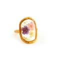 Adjustable gold stainless steel ring with dried flowers in resin and gold flakes - Adjustable Open / Purple Pink and Yellow Dried Flower Style (R1105)