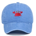 Detail of red crab embroidery on a washed blue cotton baseball cap with a curved brim - One Size / Light Blue