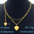 Double layered gold heart pendant necklace with thick chain and thin tassel details - Double Heart Pendant Style (KN287157-Z)