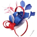 Detailed view of red white and blue feather headband with satin bow and metal hair clip - Blue White Red
