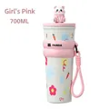 700ML insulated tumbler in Girly Pink with panda 3D figure and portable strap - Panda-Pink
