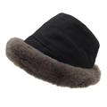 Winter-Fischerhut aus schwarzem Stoff mit dickem grauem Plüschfutter und Rand - Erwachsene Einheitsgröße (56-62cm) / Schwarz