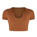 Seamless caramel brown rib-knit crop top with deep U-neck for fitness and yoga - S / Tops / Coffee