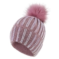 Women's knit beanie in plum purple with rhinestone embellishments and faux fur pompom - Deep Pink
