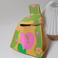 Knitted bucket bag with colorful heart and flower patterns in yellow, green and pink - Tulip Green