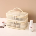 Beige mesh double-layer cosmetic bag with handle showing interior storage detail - Double Layer / Beige