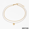 Collana a doppio strato in acciaio inossidabile dorato con perle e cuore - Collana Dorata (KD1749)