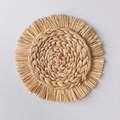 Handwoven bohemian round straw wall decor with fringe tassels in natural beige finish - Natural Color Spiral Tassel Mat (25cm)