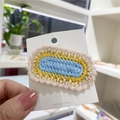 Handmade crochet hair clip featuring three-color oval design in pink, yellow and blue - 5# Pink Edge Oval Blue
