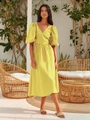 Vibrant yellow wrap dress with puff sleeves and waist tie in breathable cotton fabric - M / Yellow