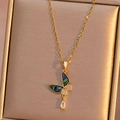 Golden butterfly pendant necklace with iridescent shell wings and droplet charm - Gold Butterfly Shell Bow Necklace