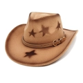 Brown wool felt cowboy hat featuring dark star patterns and a brown leather buckle band - M(56-58cm) / Camel