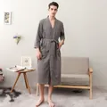Men's dark grey waffle weave bathrobe with V-neck, waist belt, and double front pockets - Grey (Men's)