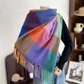 Colorful plaid imitation cashmere scarf with large color blocks and long fringes - Rainbow Plaid
