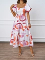 Detail von gesmoktem Oberteil und Puffärmeln am Sommer-Maxikleid mit geometrischem Print - S / Weiß mit lila Kreisen