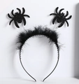 Detail of black Halloween headband with springy spiders and soft feather accents - Black Feather Black Spider