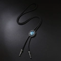 Black leather western bolo tie with silver metal Elsa portrait slider and carved tips - Antique Silver Portrait Style 2