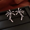Macro shot of silver palm tree earrings on black leather with blurred background - 30# Silver Coconut Tree Style (925 Sterling Silver Earring Post)