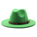 Classic bright green wool felt fedora hat with a brown faux leather belt and metal buckle - One Size 58cm Circumference / Grass Green