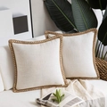 Set of two off-white linen throw pillow covers with jute crochet lace trim on a white sofa - 30*50cm / Off White