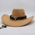 Chapeau de cowboy western classique kaki avec bande tressée, tête de taureau et jugulaire - M(56-58cm) / Camel