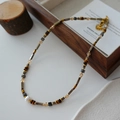 Tiger eye stone beaded necklace with vintage metal tubes and a white freshwater pearl - Picture Stone Necklace XL0220