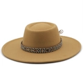Detail of khaki flat top wool felt hat with ethnic woven band and brown cord trim - M (56-58cm) / Camel