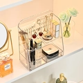 Two-tier clear PET makeup organizer with jewelry hooks and cosmetic storage trays - Clear