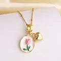 Gold tulip necklace with white enamel oval pendant and small heart charm for women - Style D-Tulip Heart