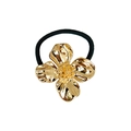 Detailed close-up of golden alloy four-petal flower hair tie with textured petals and elastic - Vintage Four-petal Flower