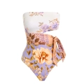 Detail of floral one-piece swimsuit with waist cut-outs and adjustable side-tie ribbons - S / One-Piece Swimsuit