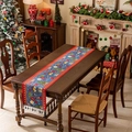 Christmas table runner with red blue tree pattern and tassels on wooden table - Blue Christmas Teacup With Navy Blue Tassels (do Not Machine Wash)