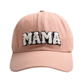 Close-up of pink baseball cap with white fleece MAMA embroidery and black outline - Adjustable / Nude Pink