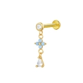 Gold stud piercing with blue cross bead and pear-shaped cubic zirconia dangle - Gold Cross Drip