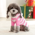 Detail of pink and white striped knit dog sweater with hood on a gray toy poodle - M / Pink Christmas Stripe Hooded