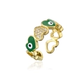 Macro shot of gold heart ring with green enamel devil eyes and sparkling white zircons - Adjustable Open / Green