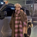 Pink and brown checkered winter scarf with tassels worn with a beige beret in a city street - Shuxin Plaid Pink