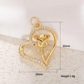 Golden heart pendant with 3D rose and crystals, 22mm x 20mm size, weighing 1.9g - Rose Heart (A0087)