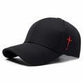 Black cotton baseball cap featuring unique red cross embroidery on the side panel - Adjustable / Black with Red Embroidery